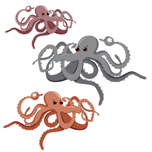 Sada tří roztomilých modrých, fialových a fialových vektorových chobotnic s vodními bublinkami. Doodle styl. Námořní. ilustrace pro vyhlášení zoo, koncept přírody, ilustrace dětské knihy - Vektor, obrázek