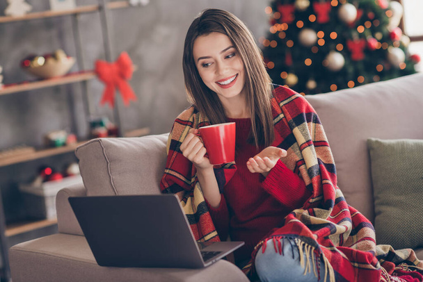 Photo of young woman sit couch laptop hold cup talk screen wear blanket red pullover jeans in decorated x-mas living room home indoors - Fotó, kép