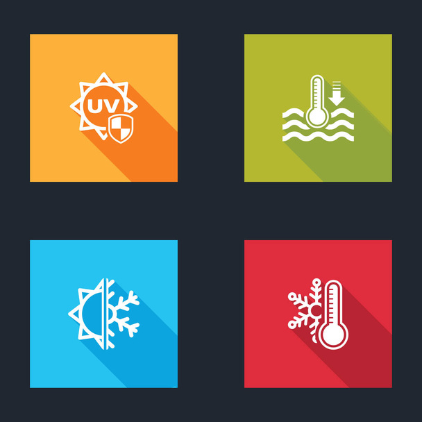 Set de protección UV, Termómetro de agua, Sol y copo de nieve y Termómetro con icono. Vector. - Vector, Imagen