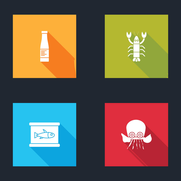 Set Sauce bottle, Lobster, Canned fish and Octopus icon. Vector. - Vektör, Görsel