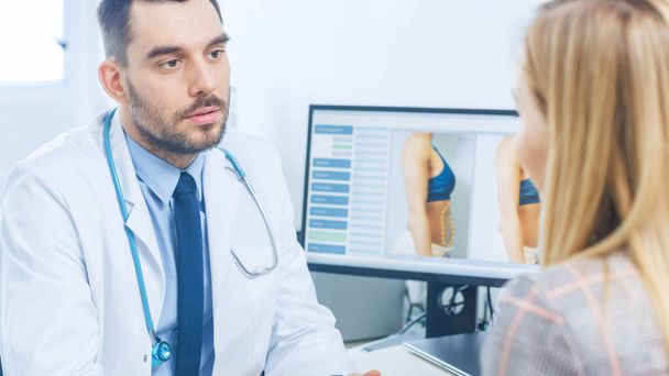 Plastic Cosmetic Surgeon Talks with Female Patient about Her Future Procedure. His Monitor Shows Before and After Results of Liposuction. World Famous Plastic Surgery Clinic. - Photo, image