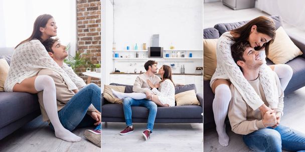 Collage de pareja sonriente abrazándose y mirándose en casa, collage - Foto, Imagen