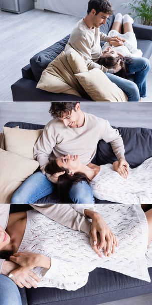 Collage of smiling woman in knitted sweater lying near boyfriend on couch, banner  - Foto, imagen