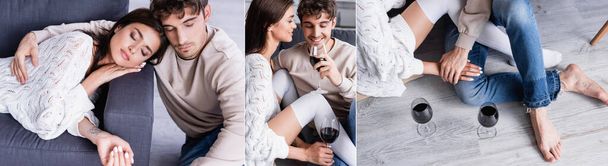 Κολάζ του νεαρού ζευγαριού χαμογελώντας και κρατώντας ποτήρια κρασί στο σπίτι, πανό  - Φωτογραφία, εικόνα