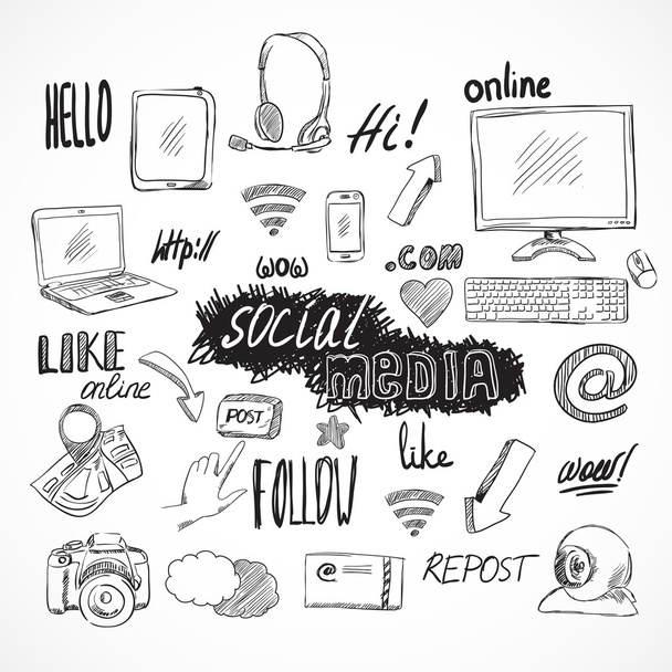 Doodle sociaal media iconen set - Vector, afbeelding