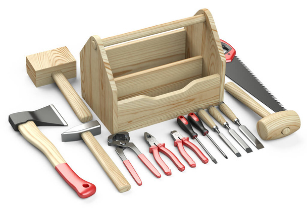 Wooden box for your toolbox. Next to which is an ax, a chisel, a chisel, pliers, a mallet, a hammer, a screwdriver, a wrench, a saw and nippers. 3d illustration isolated on a white background. - 写真・画像