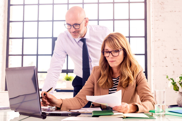 Group of business people working together in the office. Senior businesswoman sitting at desk while financial businessman standing next to her and analyzing financial data. - Photo, image
