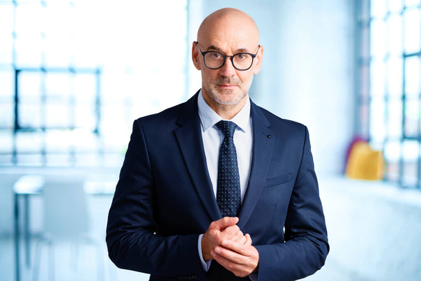 Portrait shot of executive businessman wearing eyewear and suit while standing in the office. - Zdjęcie, obraz