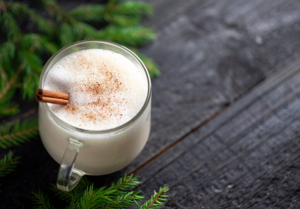 Eggnog winter Christmas drink on the table with cinnamon and spruce branches - Fotografie, Obrázek