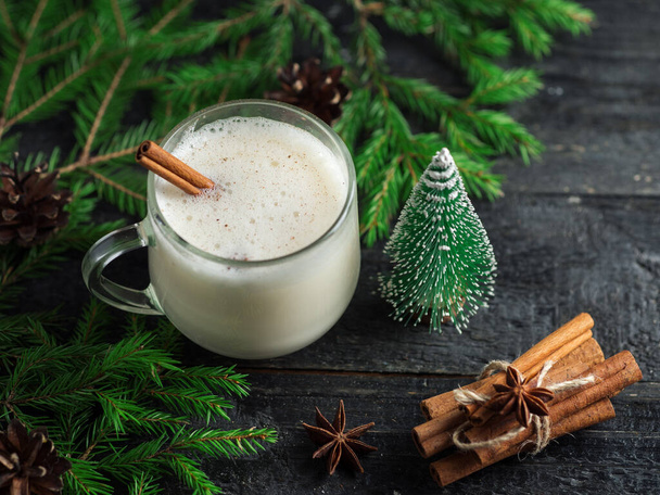 Eggnog winter Christmas drink on the table with cinnamon and spruce branches - Fotó, kép