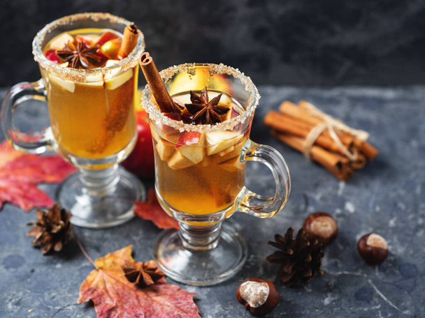 Homemade Apple cider sangria . White wine, mulled wine with Apple, cinnamon and anise. Winter and autumn drink - Photo, Image