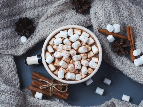 Horká čokoláda nebo kakao s marshmallows ve skořicovém hrnku. Teplá pletená šála - Fotografie, Obrázek