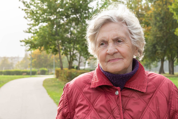 Lächelnde Seniorin auf Herbst-Natur-Hintergrund mit Kopierraum. Porträt einer glücklichen alten Frau im Stadtpark mit Herbstbäumen. Glückliche und gesunde Rentner - Foto, Bild