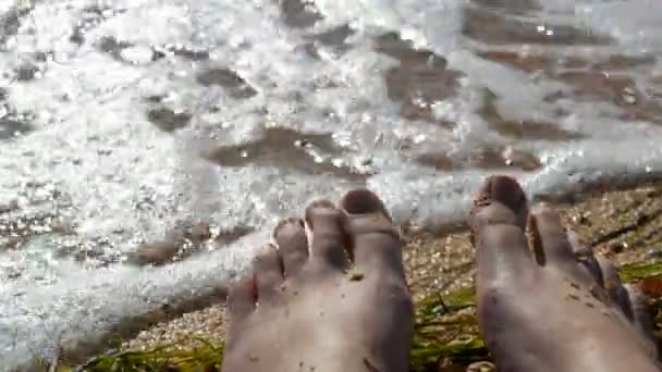 Vrouwelijke voeten, tenen op een schelpenstrand, zee en golven. Ontspanningsconcept, zomervakantie. POV - Video