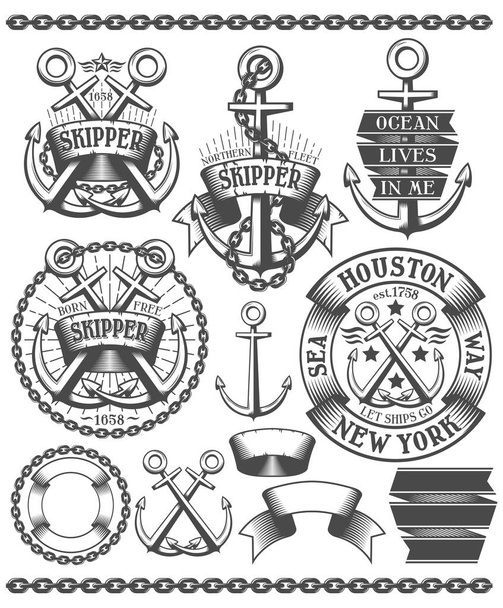Marine emblem with anchors. Tattoos with anchors, chains, in vintage style - Vecteur, image