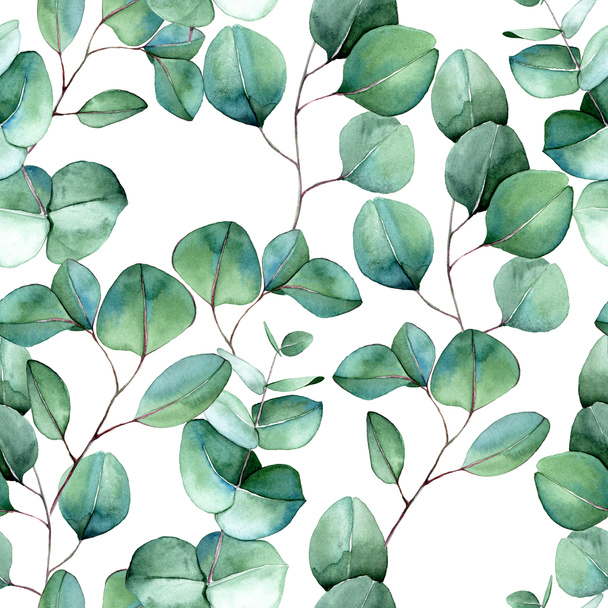 nahtloses Muster mit Aquarell-Eukalyptusblättern. grüne Eukalyptusblätter auf weißem Hintergrund. Realistisches Aquarell. Druck für Stoff, Tapete, Postkarten - Foto, Bild