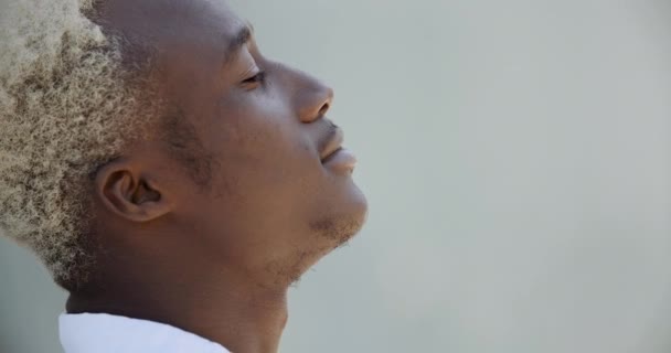 Seitenansicht afroamerikanischer Mann afroamerikanischer Typ Teenager blonder Student steht mit geschlossenen Augen im Freien und inhaliert mit seiner Nase frische warme kalte Luft, genießt das ruhige Leben Sommerwetter, lächelt zahm - Filmmaterial, Video