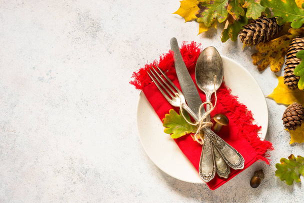 Autumn table setting top view at white table. - Foto, Imagem