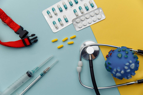 Haustierkur-Konzept. Pillen, Ampulle, Spritze und Halsband auf einem blau-gelben Tisch - Foto, Bild