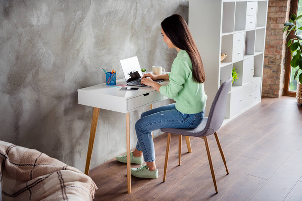 Full length back rear spine view profile side photo of korean girl sit table work remote laptop have online colleagues webinar communication in house indoors - Photo, image