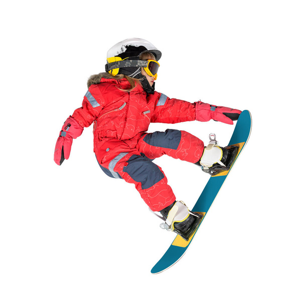Little snowboarder girl jump isolated on white. - Foto, Bild