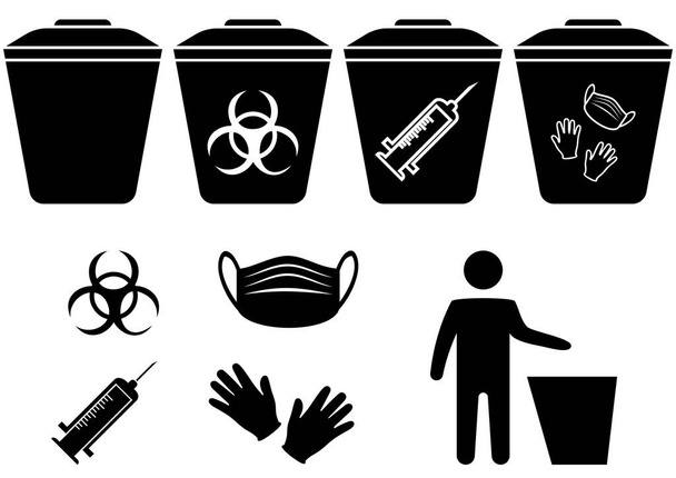 Χρήση ιατρικής μάσκας. Ο άνθρωπος πετάει τα ιατρικά σκουπίδια. Διάθεση αποβλήτων βιολογικού κινδύνου. Βιολογικά επικίνδυνα μολυσματικά απόβλητα. Δοχείο απορριμμάτων με ιατρικά γάντια Biohazard και σύμβολο μάσκας. Απόβλητα κοπριάς. Εικονίδιο glyph. Διάνυσμα - Διάνυσμα, εικόνα