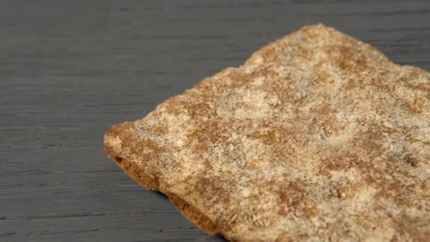 Healthy rye crispbread breakfast on vintage wooden texture table - Filmati, video