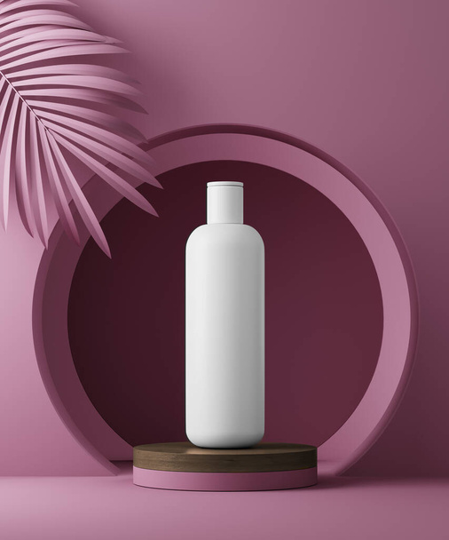 3D illustration geometric pedestal with cosmetic bottle presentation and palm leaves. Abstract background. Mockup. - Foto, Imagem