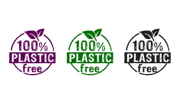 Plastic free 100% stamp icons in few color versions. Ecology, nature, eco friendly, climate change, green technology and earth safe concept 3D rendering illustration. - Photo, Image
