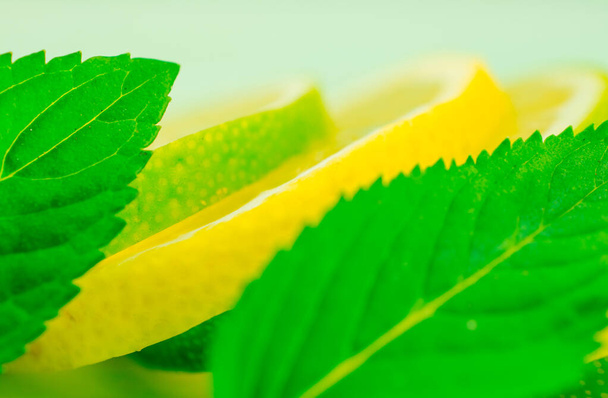 Limão e limão com hortelã verde fresca na cor de hortelã  - Foto, Imagem