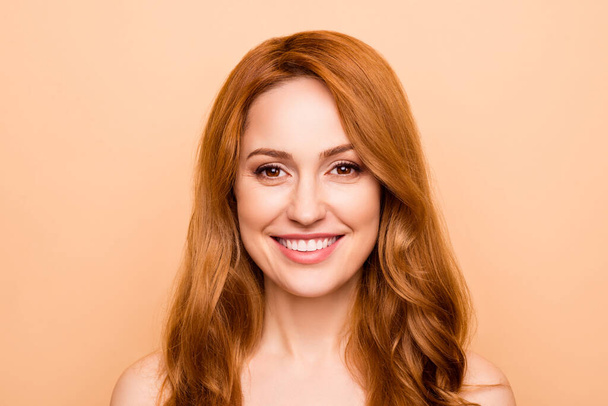 Close-up portrait of nice-looking attractive sweet lovely nude naked pure perfect cheerful wavy-haired lady after facial therapy treatment isolated over beige pastel background - Φωτογραφία, εικόνα