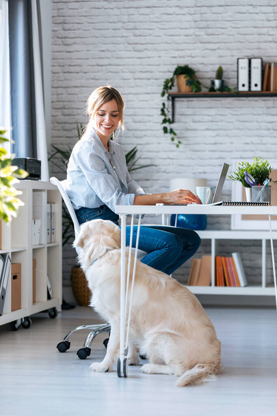 Shot of attractive young woman looking at her beautiful dog while working with laptop in living room at home.  - 写真・画像