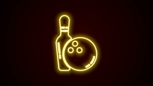 Linea al neon luminosa Perno da bowling e icona a sfera isolati su sfondo nero. Attrezzature sportive. Animazione grafica 4K Video motion - Filmati, video