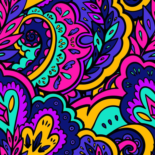 Bright seamless psychedelic pattern with plant and floral elements. - Wektor, obraz