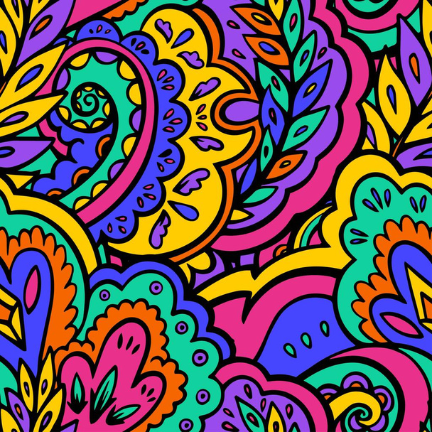 Bright seamless psychedelic pattern with plant and floral elements. - Vektor, kép