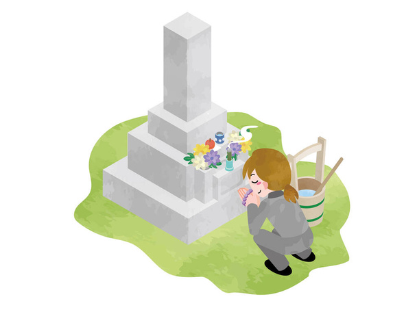 Une femme tenant la main sur une tombe (visite d'une tombe japonaise) - Vecteur, image