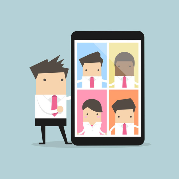 Businessman with video conference on tablet. Online virtual meetings. - Vector, Image