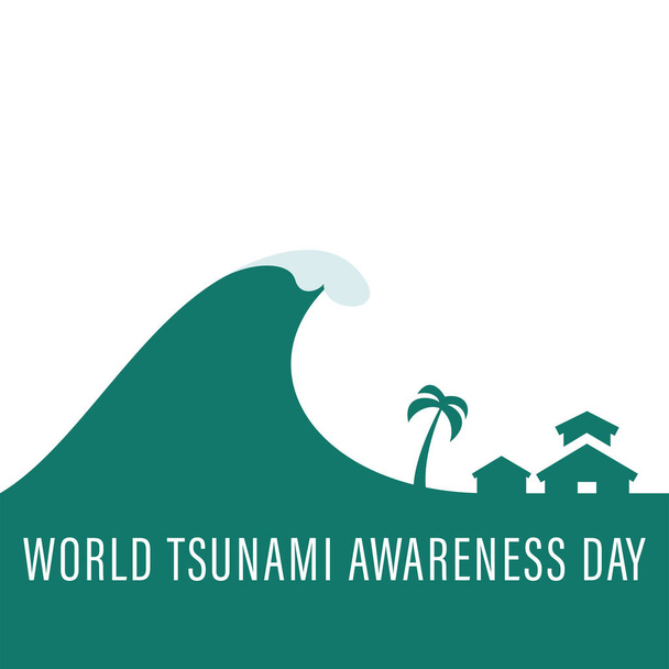 Παγκόσμια Ημέρα Ενημέρωσης για το Τσουνάμι, 5 Νοεμβρίου. Υψηλά κύματα εννοιολογικό διάνυσμα απεικόνισης. ορατό από την ακτή και τη θαλάσσια ζωή - Διάνυσμα, εικόνα