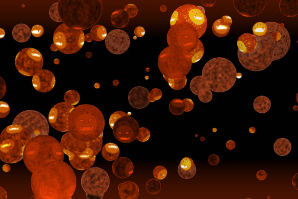 virus covid bal was mutatie naar kwaad gezicht licht oranje lava op zwart scherm - Foto, afbeelding
