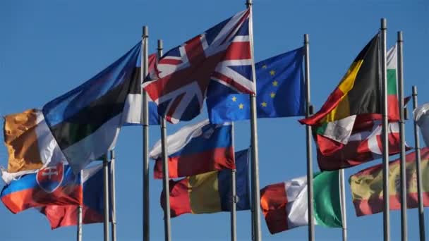 Flagi państw europejskich machające na wietrze - Materiał filmowy, wideo