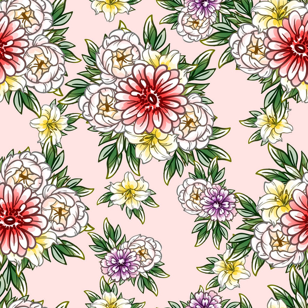 Colourful vintage style flowers seamless pattern - Vektor, obrázek