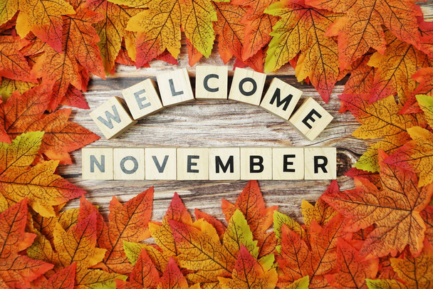 Welcome November alphabet letter with maple leaves frame on wooden background - Foto, afbeelding