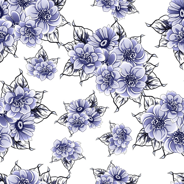 Seamless blue monochrome vintage style flowers pattern - Vetor, Imagem