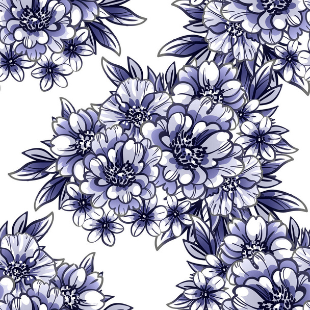 Seamless blue monochrome vintage style flowers pattern - Vektor, obrázek