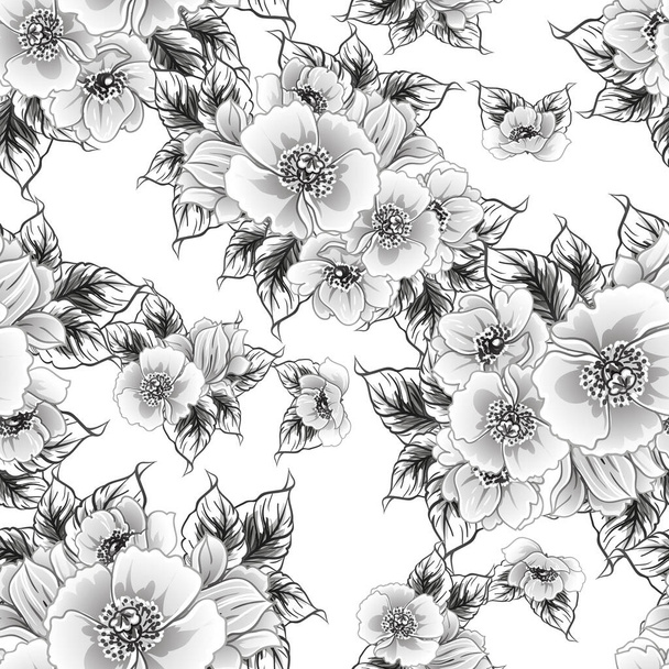 Seamless monochrome vintage style flowers pattern - Vector, Imagen