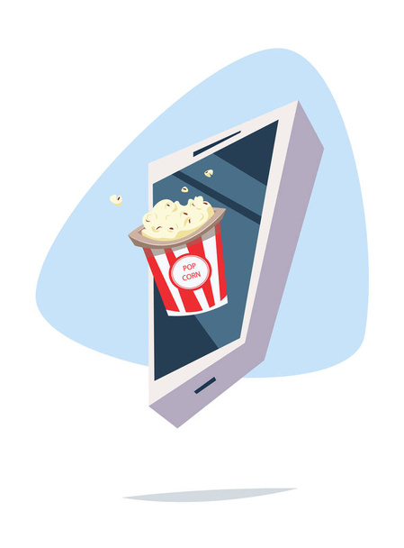 Ämpärillinen popcornia puhelimessa. Elokuvateollisuuden viihde käsite tasainen vektori kuva. - Vektori, kuva