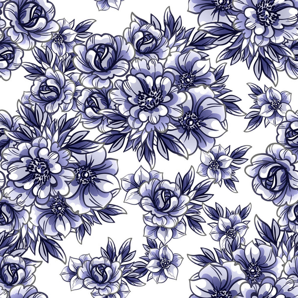 Seamless blue monochrome vintage style flowers pattern - Vektör, Görsel