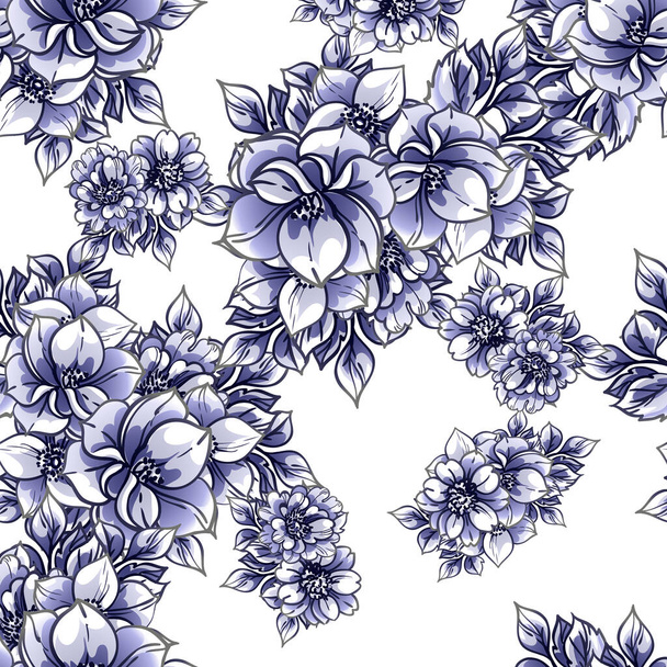 Seamless blue monochrome vintage style flowers pattern - Вектор,изображение