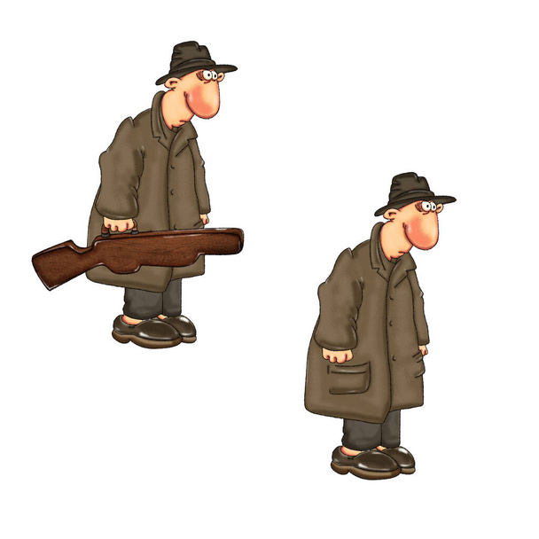 レインコートを着た男性殺人犯と武器を持ったレザーケースを持った帽子。漫画イラスト- 2つのバージョン.. - 写真・画像
