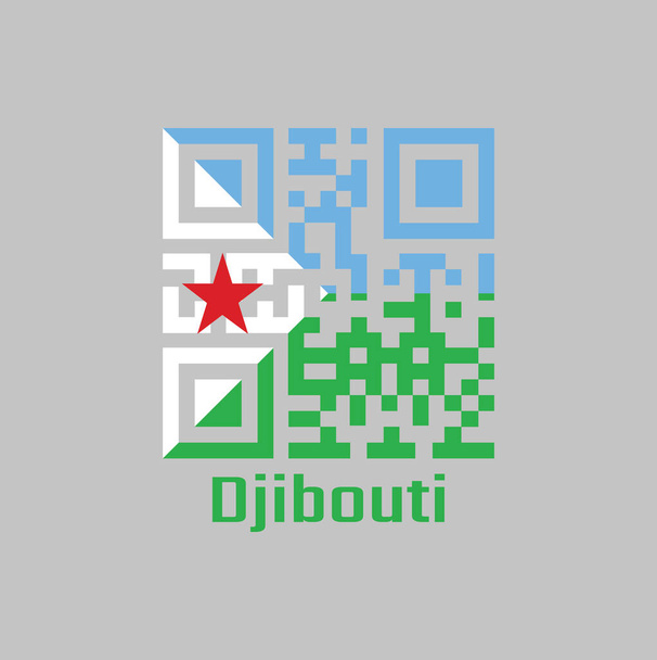 QR kodu Cibuti bayrağının rengini belirledi. Açık mavi ve açık yeşilden oluşan yatay bir çift-renk, ortasında kırmızı bir yıldız taşıyan beyaz bir ikizkenar üçgen. Cibuti metni ile. - Vektör, Görsel